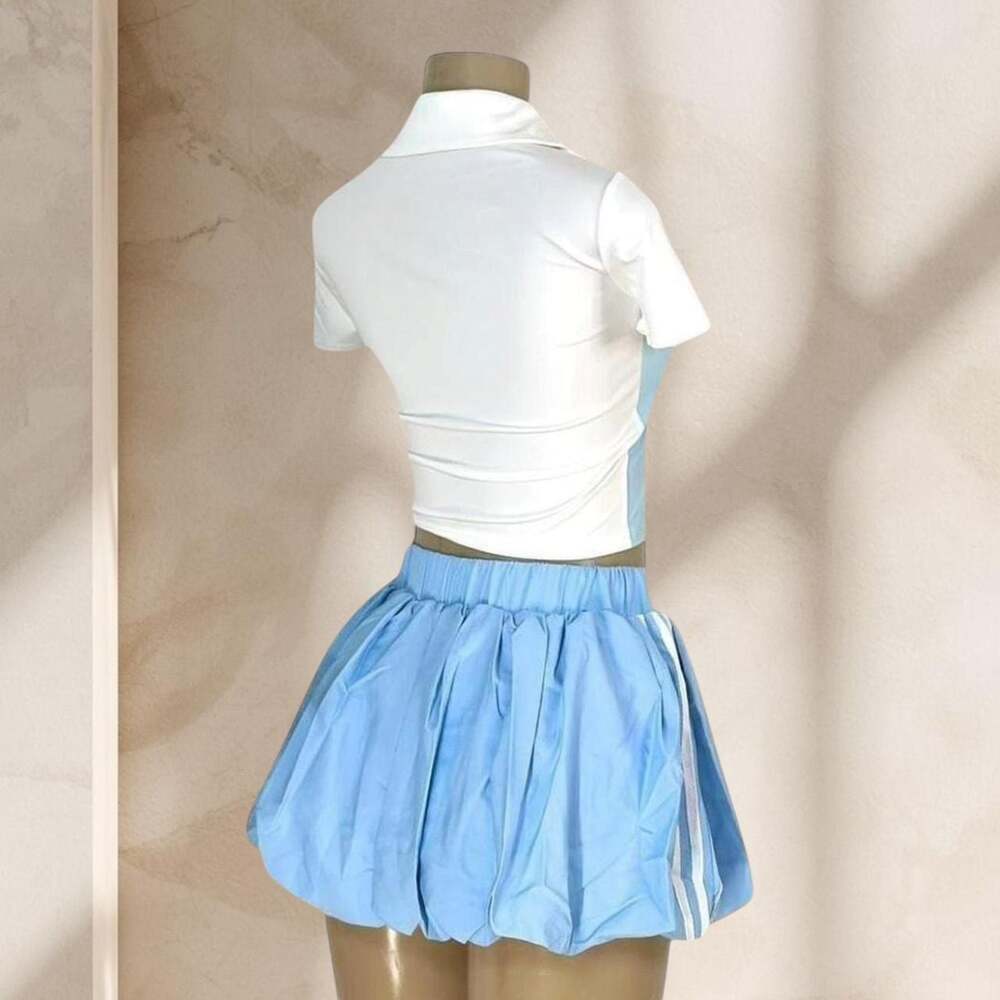 Baby Blue Sporty Skirt Set – Lace Polo Crop Top & Mini Skirt Preppy Y2K ✧ L - Picture 2 of 3